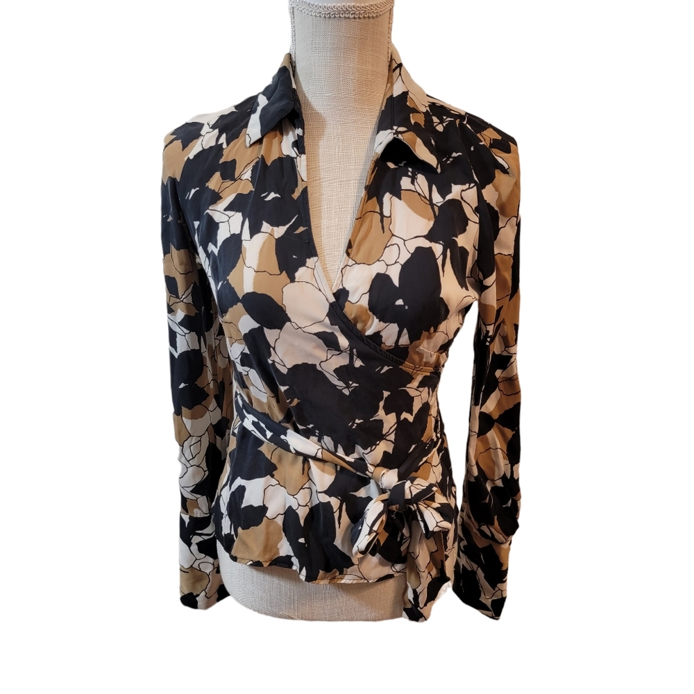 Diane Von Furstenberg Black, Tan & Cream Wrap Blouse